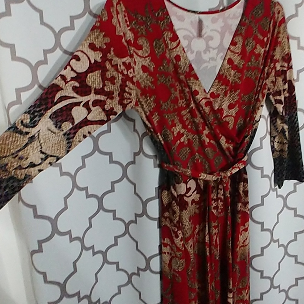Brocade faux wrap maxi dress in gold and navy